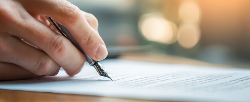 The elegant pen writing carefully on a document in a bright workspace.