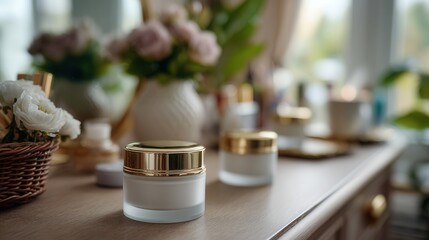 Elegant Bathroom Counter with Skincare Products and Fresh Flowers