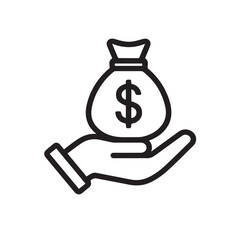 Financial Support Icon – Hand Holding Cash Bag in Outline Style