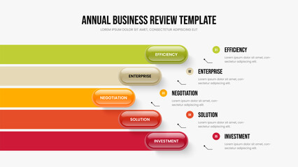 Professional Analysis Presentation Layout Vector Illustration. Market Innovation Five Option Diagram Frame Design. Business Launch 5 Step Infographic Slide Template.