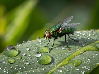 Naklejka premium Vibrant Green Fly Perched on a Dew-Kissed Leaf, Natures Tiny Jewel Sparkling in Morning Light, a Breathtaking Close-Up