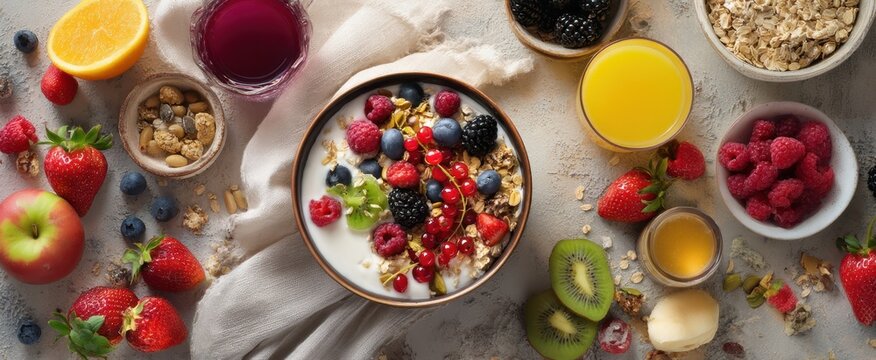 The colorful breakfast spread featuring yogurt and fresh fruits.