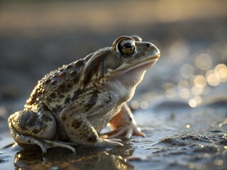 Fototapeta premium A lone toad, speckled brown and gray, sits near a shimmering puddle at sunset. Golden light highlights its textured skin and watchful eyes, a tranquil scene.