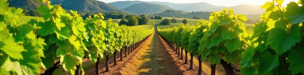 Fototapeta premium Rows of lush green grapevines stretching across a sunny hillside, ready for harvest The vibrant foliage contrasts beautifully with the rich earth Perfect for wine country themes , harvest, autumn