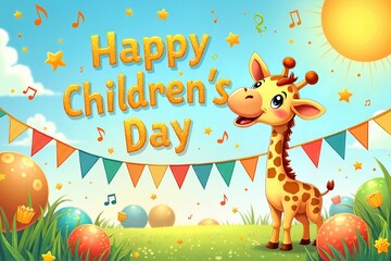 Obraz premium Cheerful Cartoon Giraffe Celebrating Children's Day Among Easter Eggs and Festive Flags