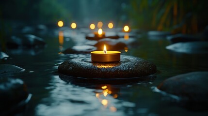 Calm, glowing candles on stones in a serene stream