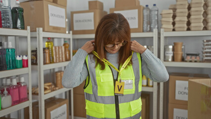 Senior woman working in charity donation center organizing items with focus on labeling and...