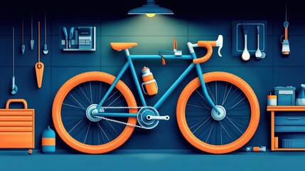 Repair and adjustment tools neatly arranged around a blue and orange bicycle mounted on a wall with lighting