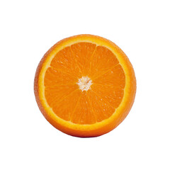 Fresh, juicy orange slice is displayed against plain background, showcasing its vibrant color and texture. cross section reveals fruit natural beauty and refreshing appeal