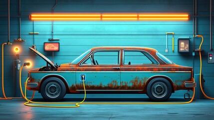 Rusty vintage car being rebuilt and charged with electric cables in neon-lit garage setting
