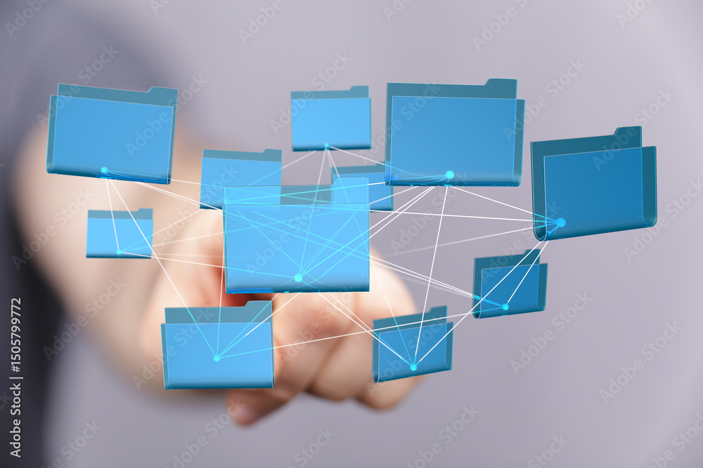 Poster image depicting a network of interconnected digital files, symbolizing cloud storage, data sharing, 