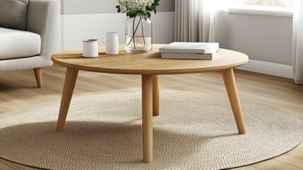 Round wooden coffee table in living room.
