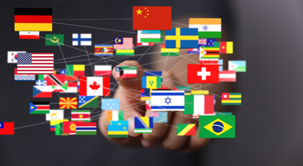 Image of many national flags interconnected, symbolizing global collaboration and international...