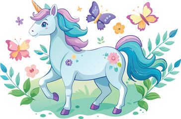unicorn with flowers and butterflies