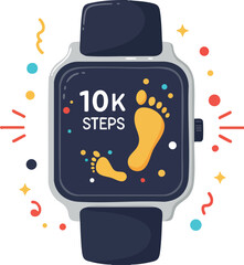 Fitness tracker smartwatch showing 10k steps with colorful confetti illustration 