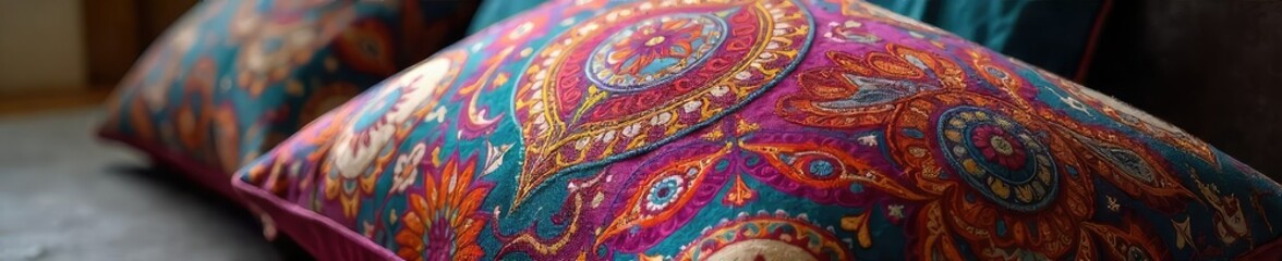 Intricate paisley pattern adorns a plush velvet cushion, adding a touch of bohemian elegance to a modern interior Perfect for home decor, textile, and design projects , background, art