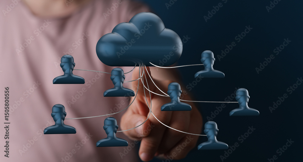 Poster Visual of a cloud network connecting multiple users.  Secure data sharing and team collaboration concept.