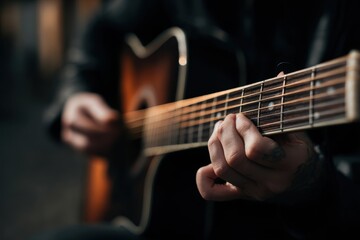 Obraz premium Close-up of a guitar in the hands of a musician. Copy space. MZ 