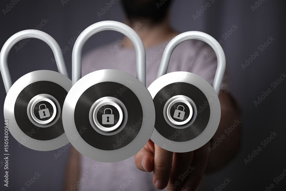 Poster Conceptual image of three padlocks symbolizing data security, privacy, and protection.