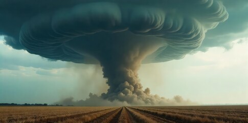 A massive, dark, rotating funnel cloud touches down in a flat, open field, dust and debris swirling violently around its base The sky is a dramatic, ominous grey , atmospheric, grey sky, rural