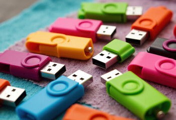 Fototapeta premium Colorful USB flash drives arranged on a soft surface with copyspace for design or text