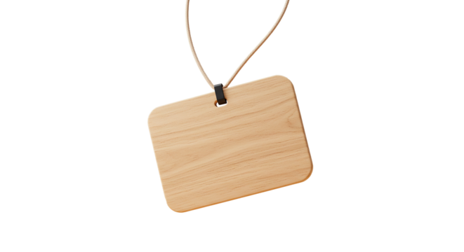 minimalist wooden name tag with rounded corners hanging on a soft beige fabric cord, matte black connector detail at the top, light natural wood texture, smooth surface, isolated on white