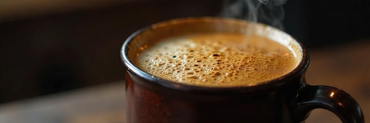 Close-up of a dark, frothy beverage in a rustic mug, steam rising; rich, bitter aroma implied The perfect image for coffee, stout, or dark tea promotions , comfort, coffee, dark beer