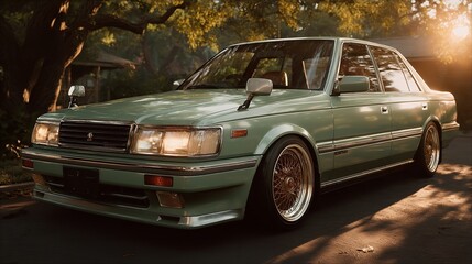 Classic Japanese car sedan perfection at golden hour vintage automobile photography green color