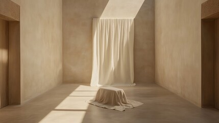 Minimalist interior with draped fabric, sunlight.