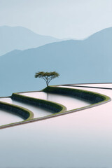 serene view of rice terraces in japan at sunrise featuring single tree in foreground