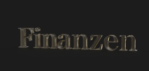 High-quality 3D rendering of the German word 'Finanzen' (finances) in a luxurious gold design....