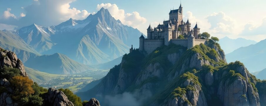 Majestic mountaintop fortress, ancient stone walls, imposing towers, overlooking a vast kingdom Ideal for fantasy, historical, or power imagery , landscape, ruins