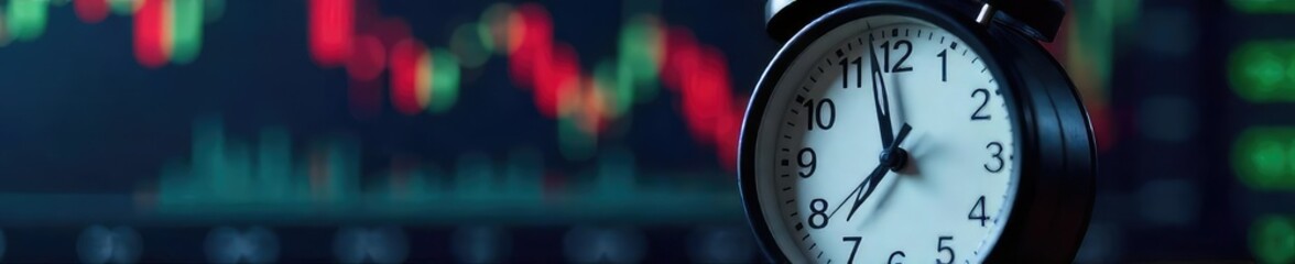 Close-up shot of a ticking analog clock against a blurred background of stock market charts, symbolizing the pressure and urgency of strategic timing in trading , business, timer