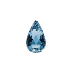 Sparkling blue teardrop shaped gemstone with intricate facets and glossy finish, reflecting light beautifully. gem clarity and color evoke sense of elegance and luxury