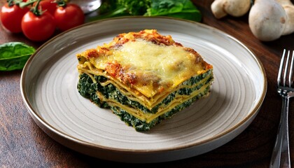 delicious vegetable lasagna with cheese spinach and bechamel on a plate
