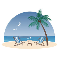 Obraz premium Romantic beach sunset palm trees chairs table