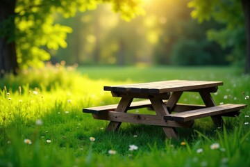Naklejka premium A rustic wooden picnic table sits in a sun-dappled meadow, surrounded by lush green grass and wildflowers, perfect for a relaxing outdoor meal , idyllic, rural, field