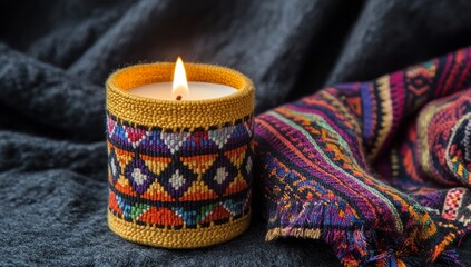 Burning Candle with Colorful Embroidered Holder on Cozy Blanket
