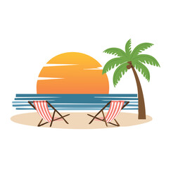Tropical sunset beach scene two lounge chairs palm tree