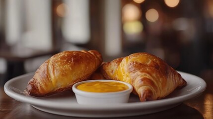 Three golden croissants with cheese sauce on a plate.