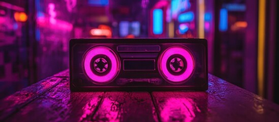 Retro boombox glowing pink in neon city night.