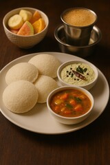Idli served with coconut chutney, vegetable sambar, tropical fruits, and filter coffee in traditional style

