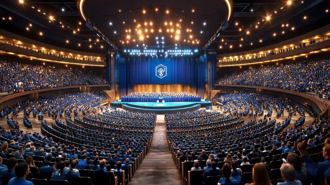 Vast auditorium filled with attendees, illuminated stage, circular seating