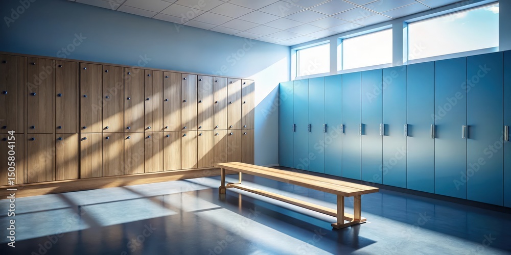 Aufkleber Sunlight streams through windows illuminating a row of wooden lockers and a long bench in an empty locker room.