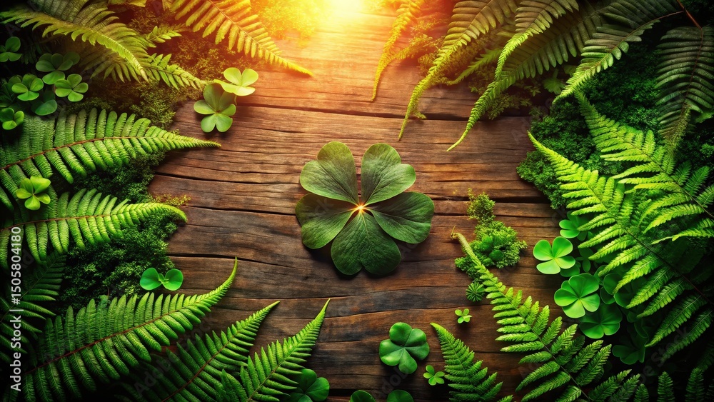 Poster a single four-leaf clover surrounded by lush ferns and moss on a rustic wooden surface, bathed in wa
