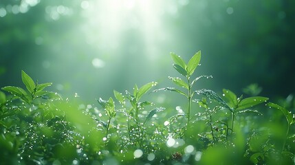 Green plants with dew drops shimmer, sun rays shining through