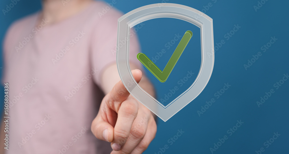 Poster Image of a hand selecting a digital shield with a checkmark, symbolizing data security and safety.
