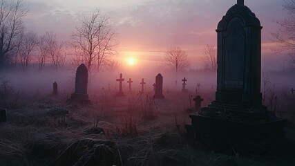 Serene sunrise over a misty graveyard with aged headstones - Powered by Adobe
