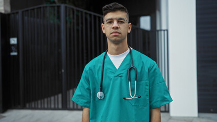 Young hispanic man with glasses wearing scrubs stands confidently on an urban street, embodying a...