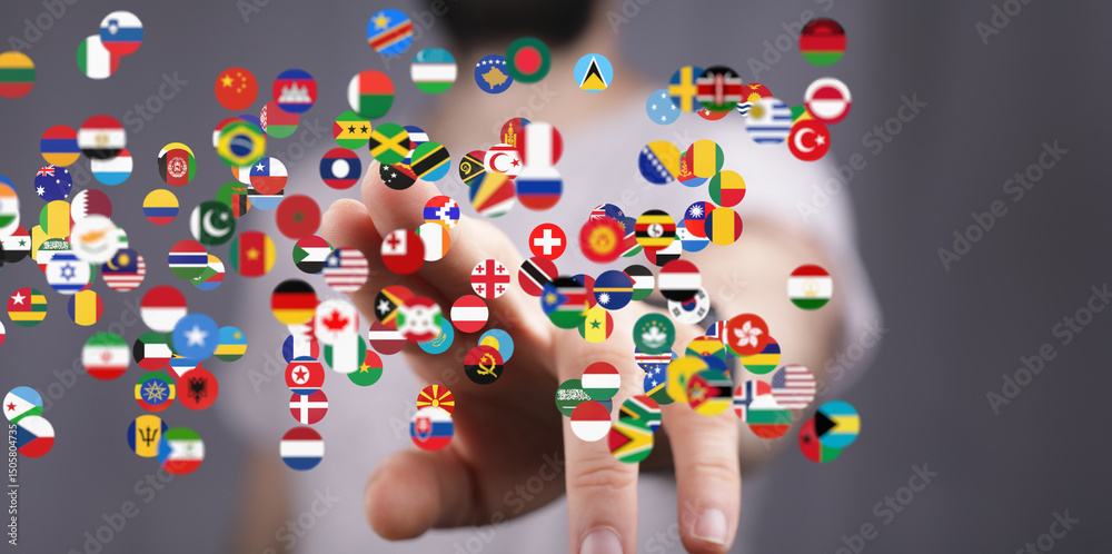 Poster image of a hand interacting with a digital display of world flags, representing global connection an